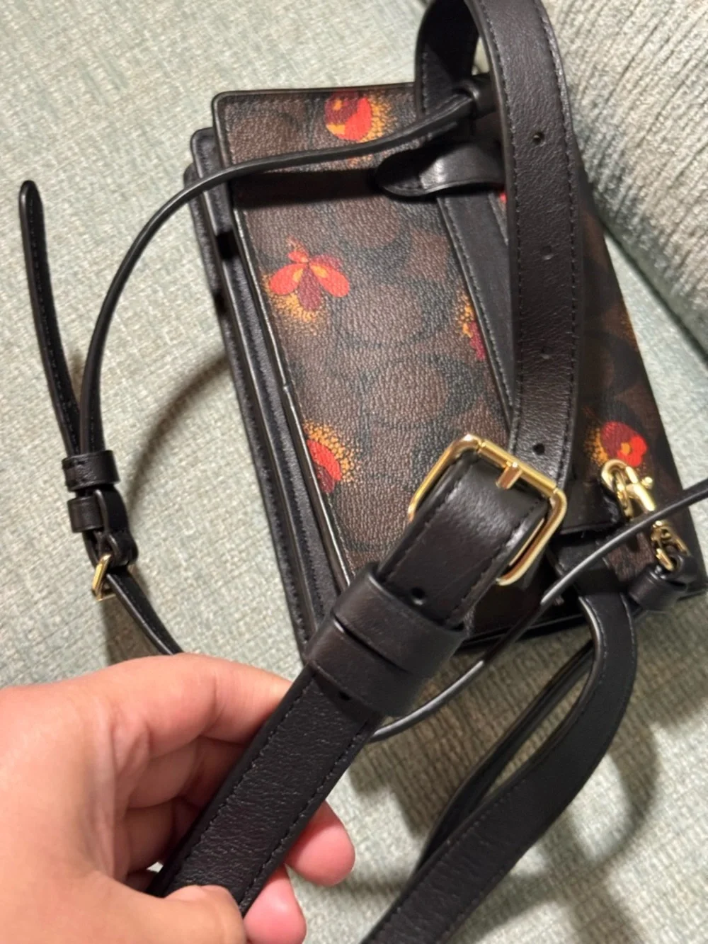 Coach Floral Signature Crossbody Bag in Brown with Red Accents
